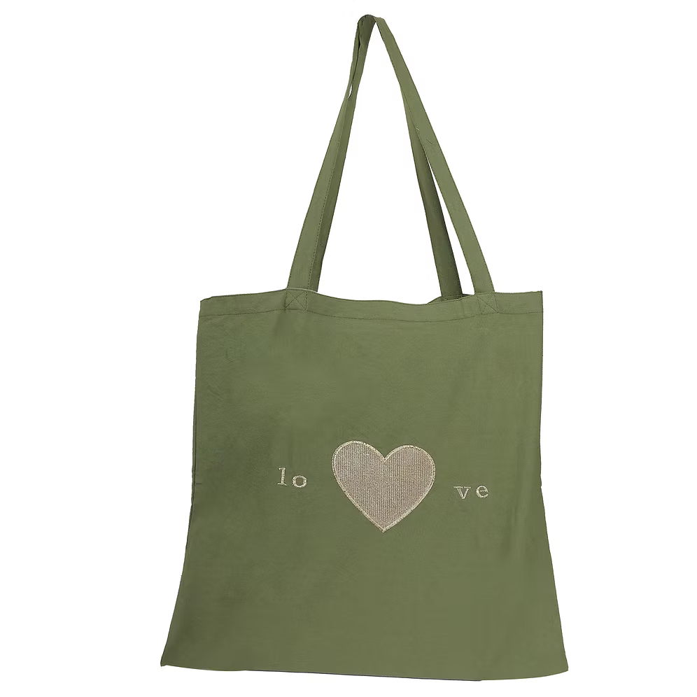 Green Heart Embroidery Tote Bag