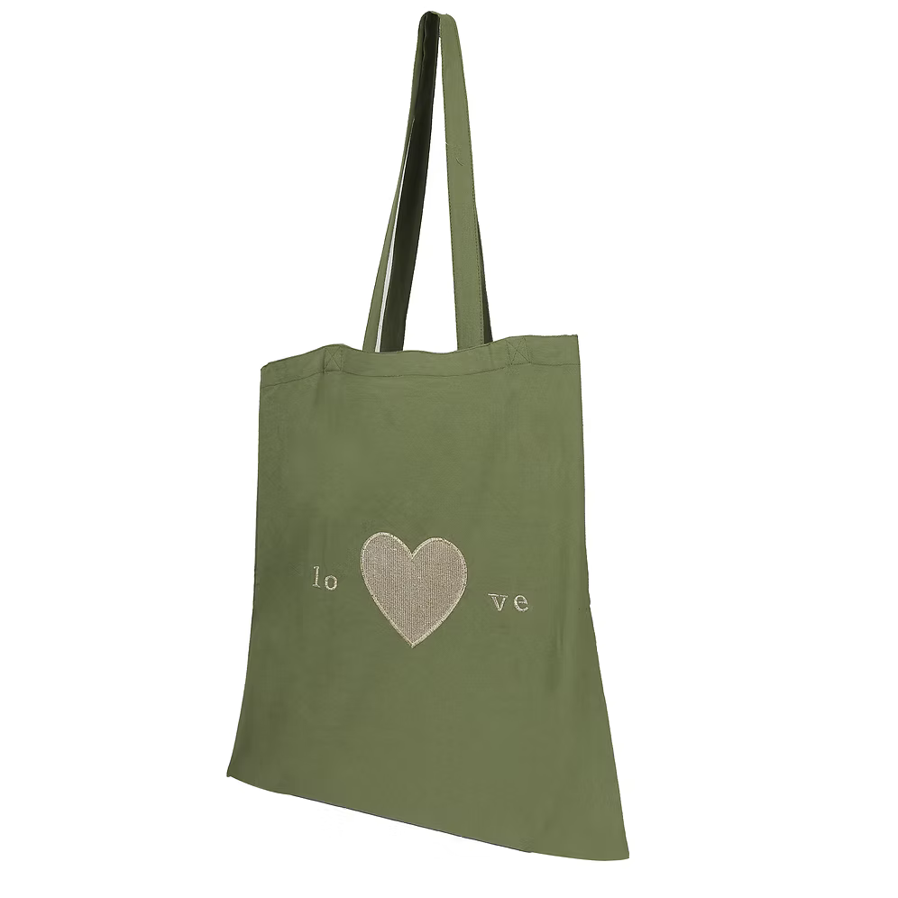Green Heart Embroidery Tote Bag