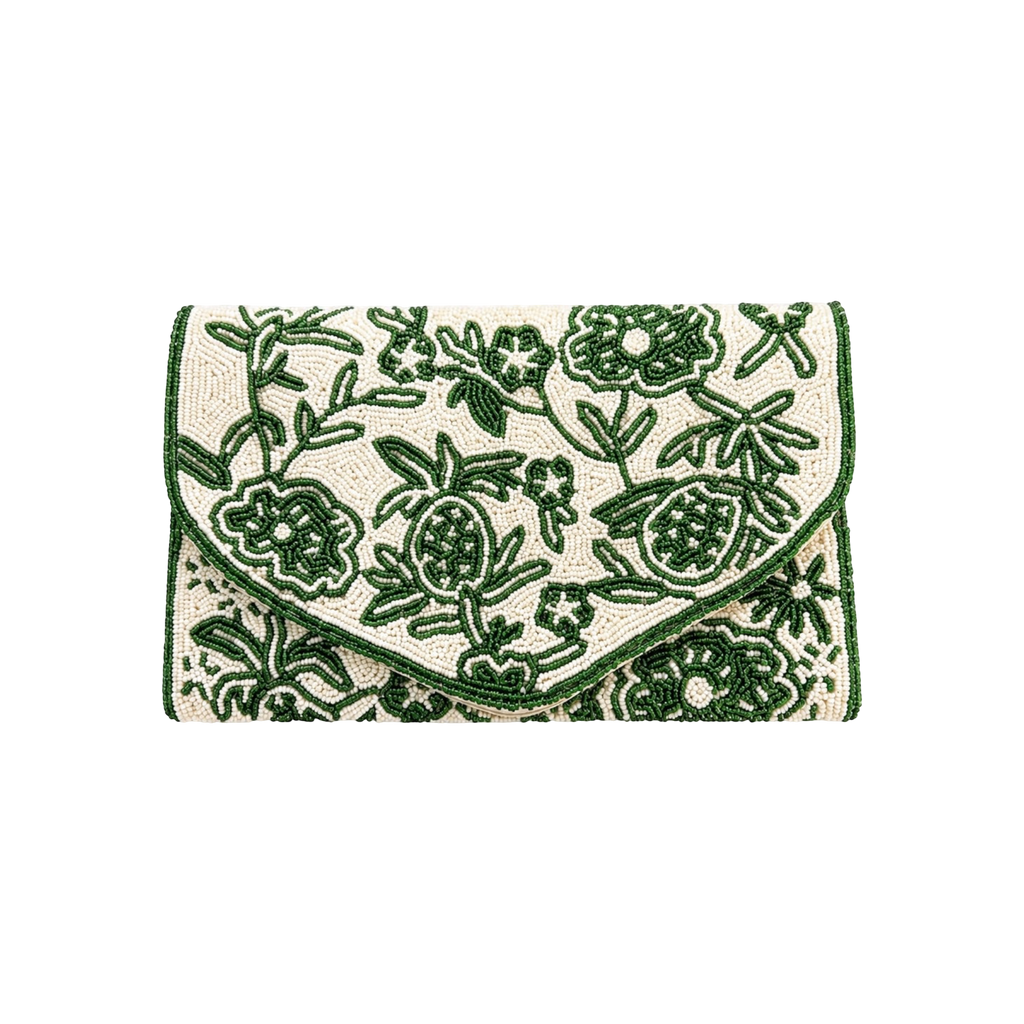 Emerald Green Embroidered Clutch – Front View | JOYCO
