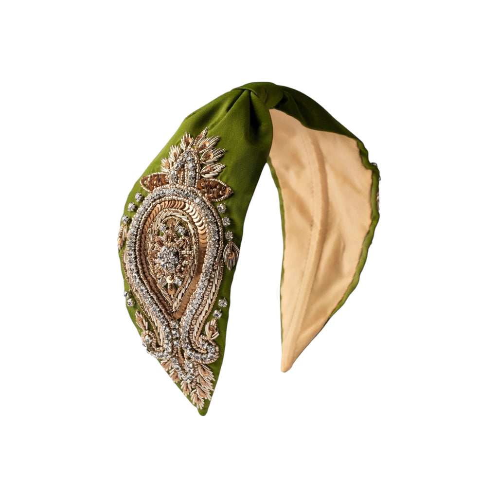 Annabel Green Embroidered Women Headband – Front View | JOYCO