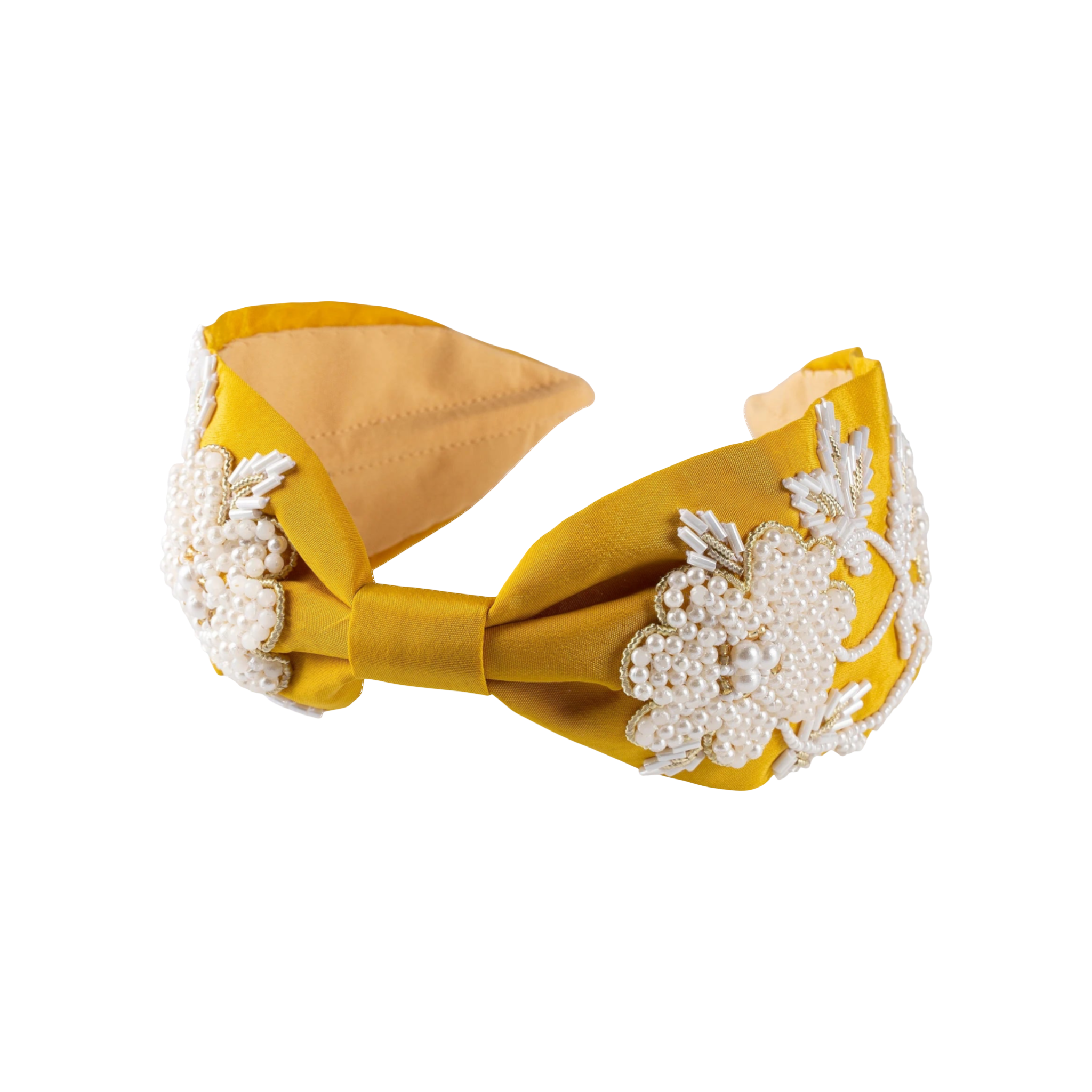 JOYCO Alessia yellow satin headband with pearl and bead embroidery and a knot detail.