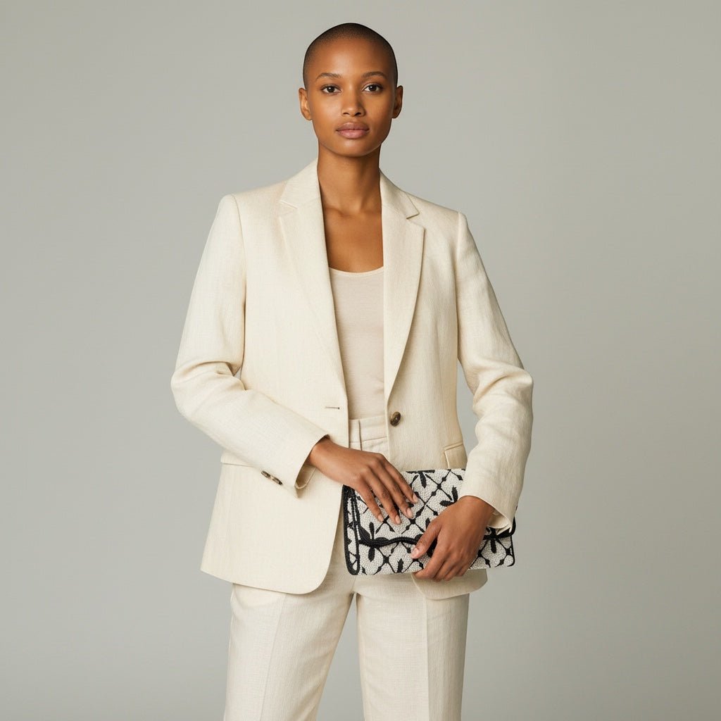 Model holding a JOYCO Alina embroidered clutch with black and white floral patterns in a cream-colored pantsuit.