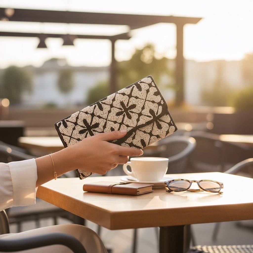 JOYCO Alina clutch with intricate black and white floral embroidery held by a woman at an outdoor cafe table