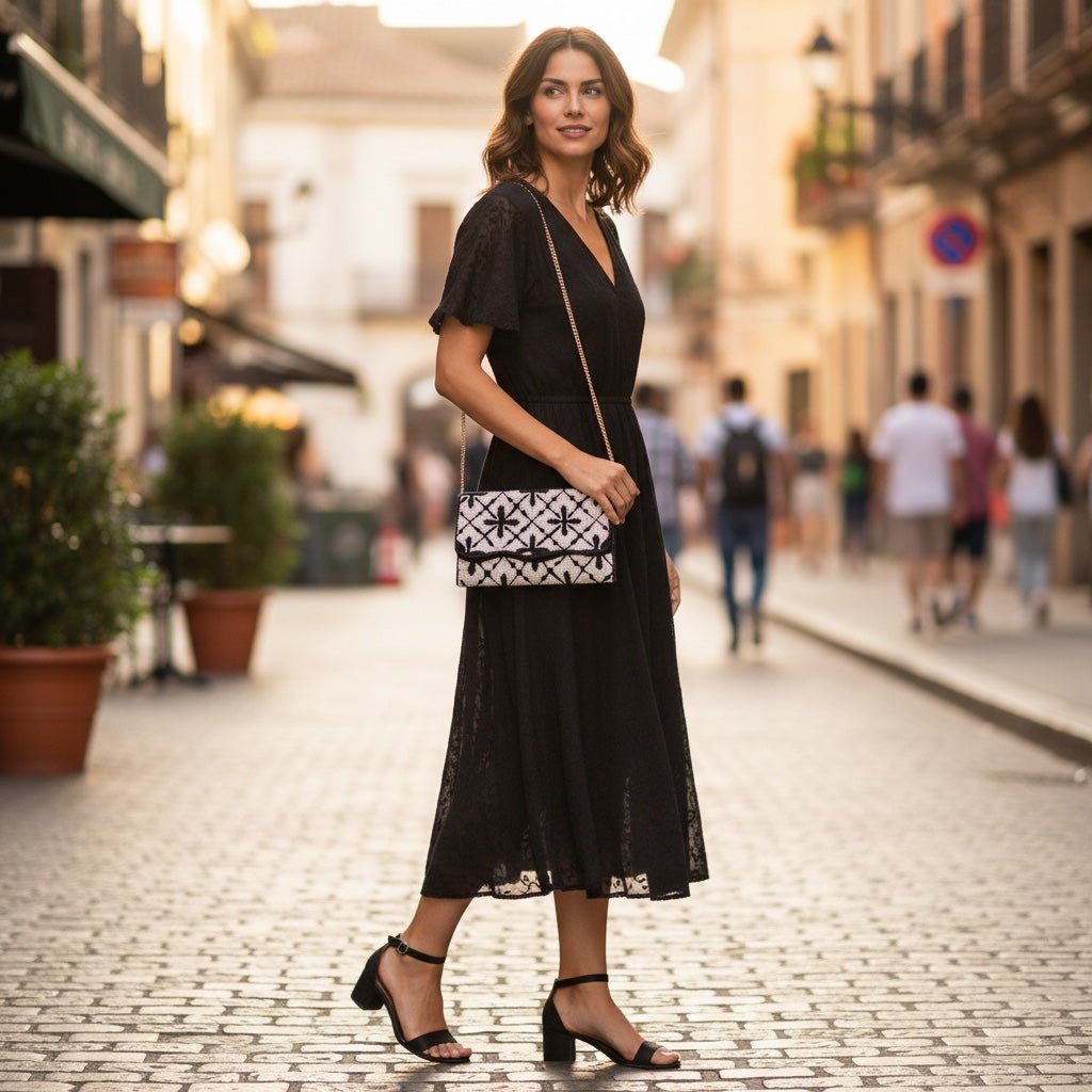 Woman wearing a black dress and carrying a JOYCO Alina embroidered clutch with a gold chain strap on a city street.