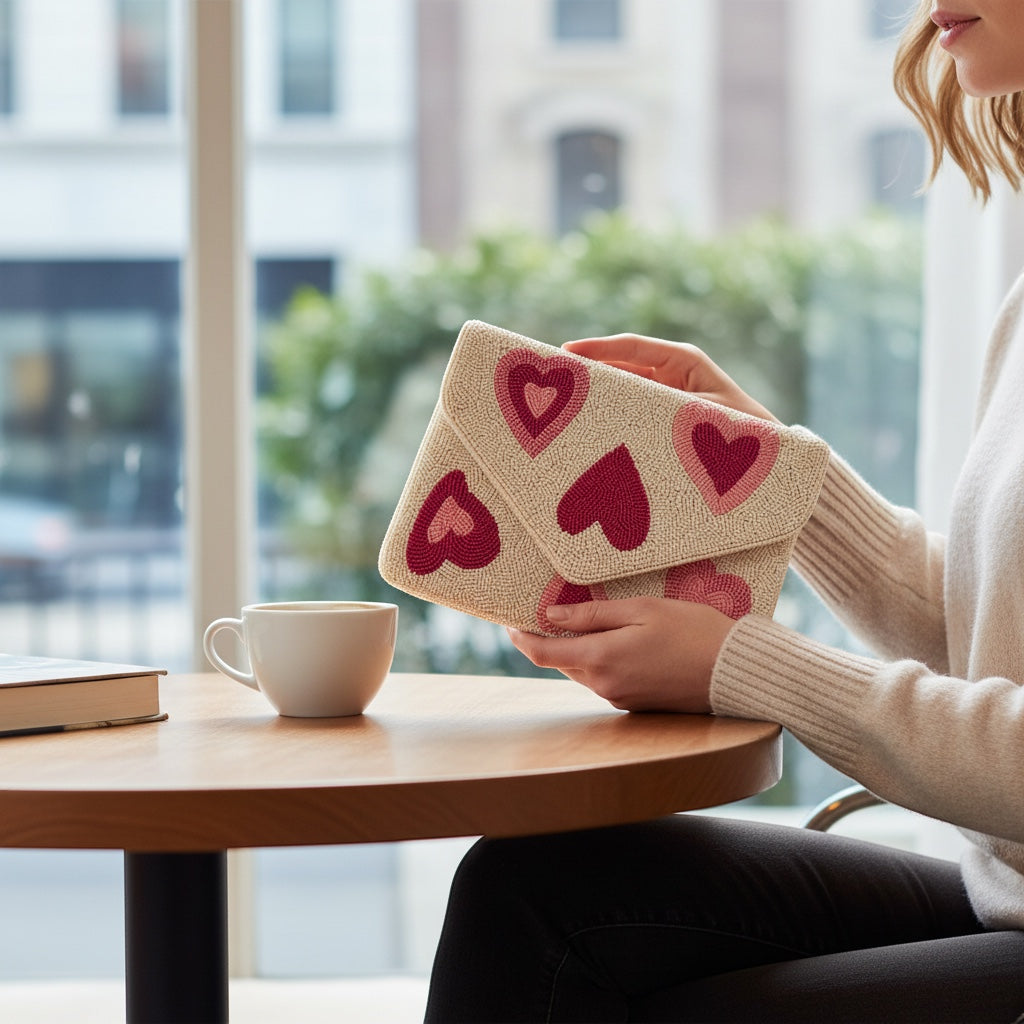 JOYCO Amanda clutch featuring cream fabric with pink and red embroidered heart patterns held by a woman at a table.