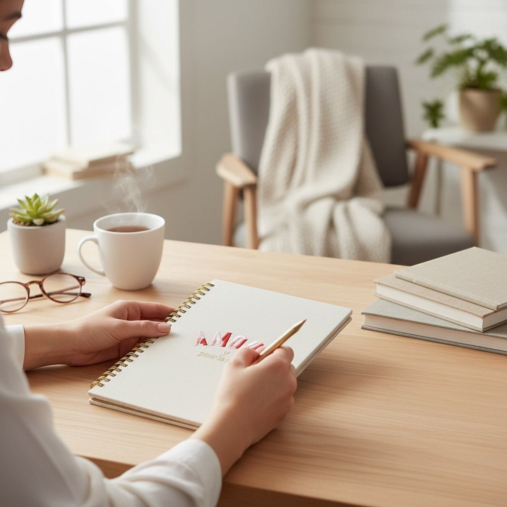 JOYCO Amour A5 notebook with linen cotton cover and embroidery, held by a person at a desk with a coffee mug.