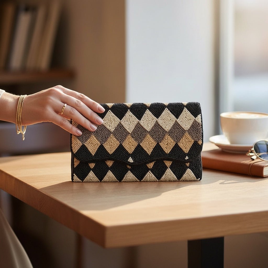 JOYCO Aurora embroidered clutch with black, beige, and gold diamond patterns on a wooden table.