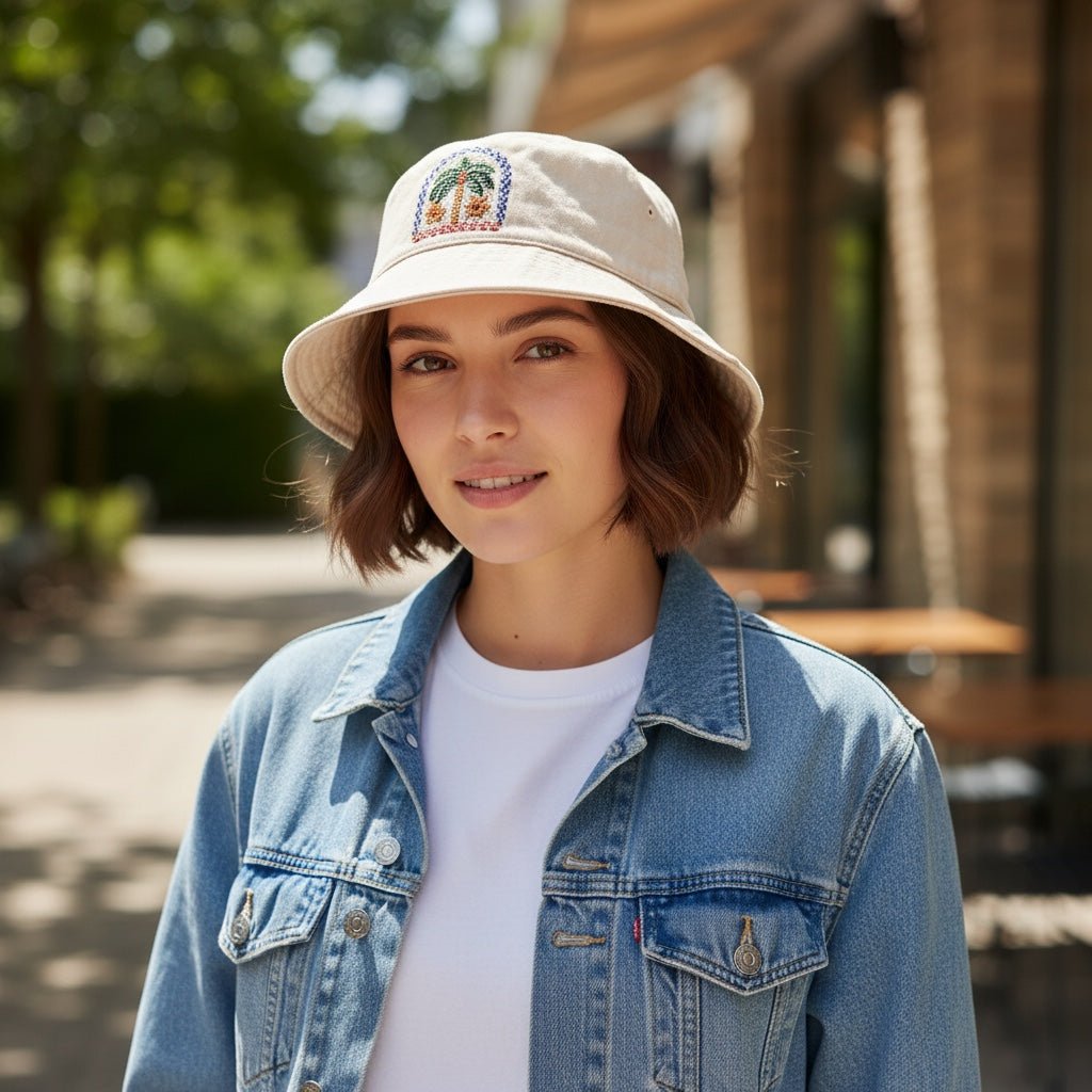 Woman wearing a JOYCO beige bucket hat with palm tree embroidery, styled with a denim jacket outdoors.