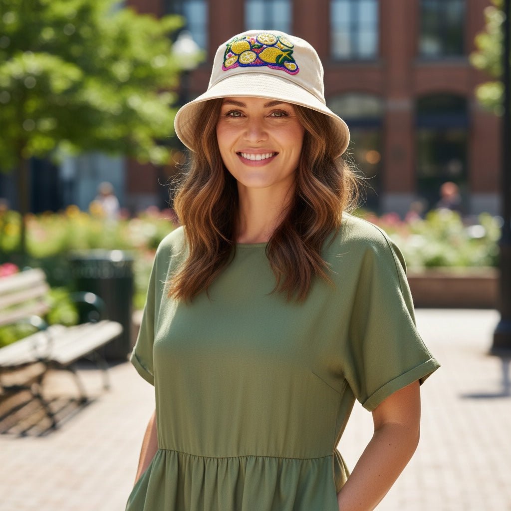 A woman wearing a beige JOYCO bucket hat with vibrant lemon embroidery, standing in a sunny outdoor park setting.
