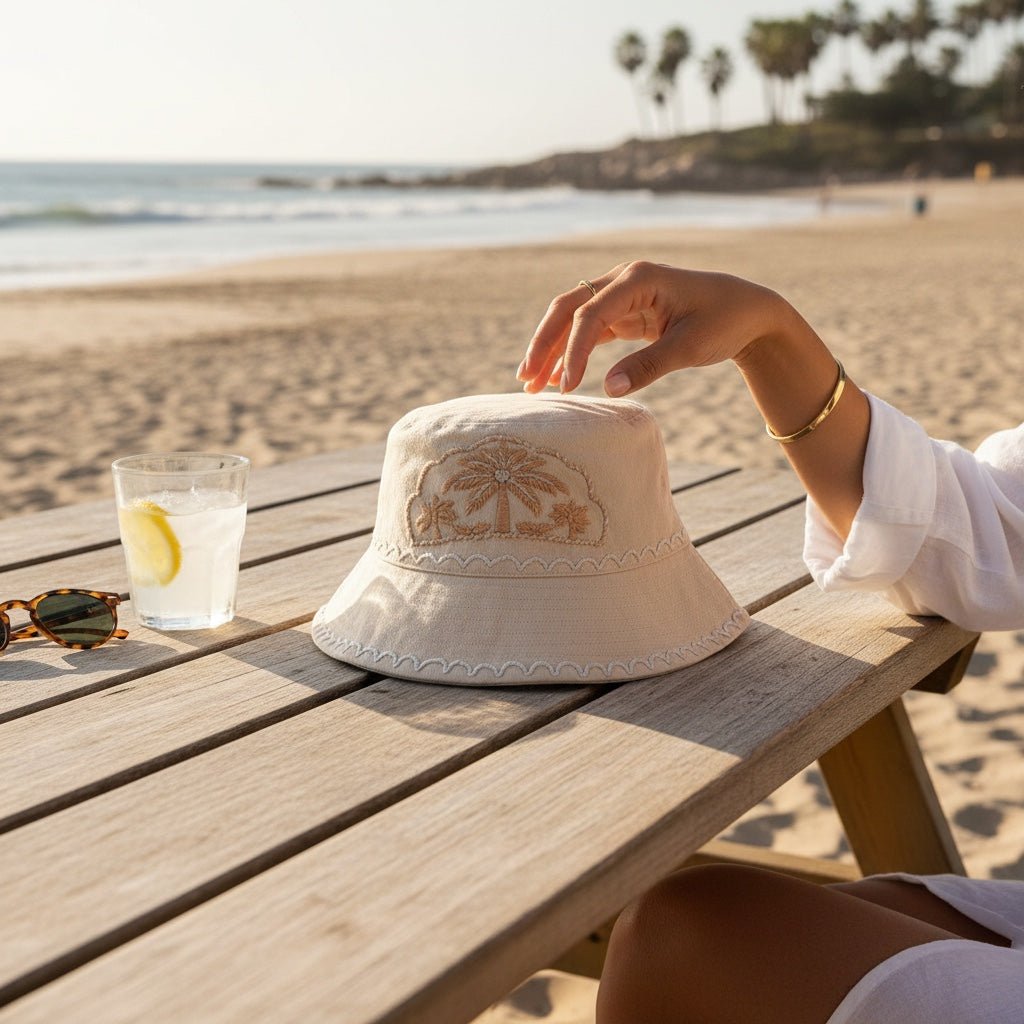 JOYCO beige bucket hat with tropical palm tree embroidery on a wooden beach table with a drink and sunglasses