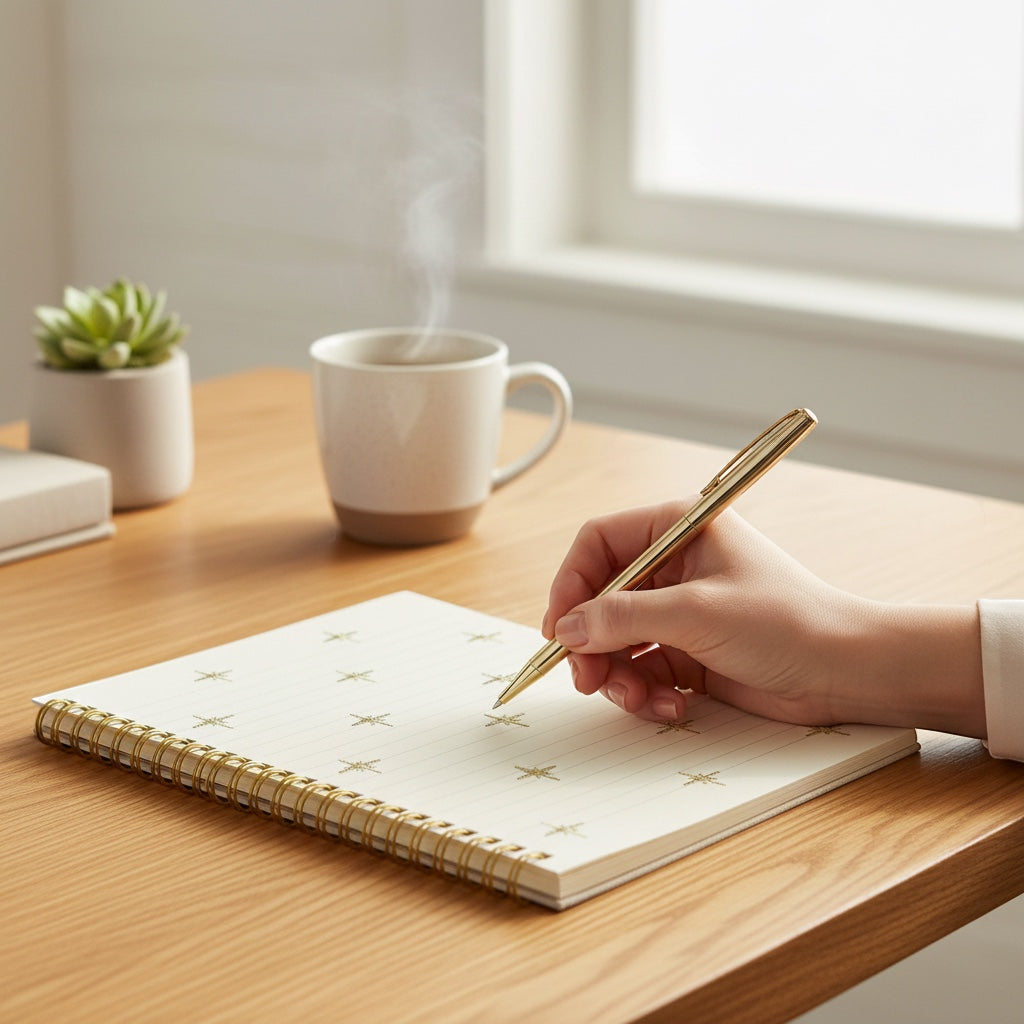 JOYCO beige linen-cotton notebook with gold star embroidery, spiral bound, being used on a wooden desk with a pen.