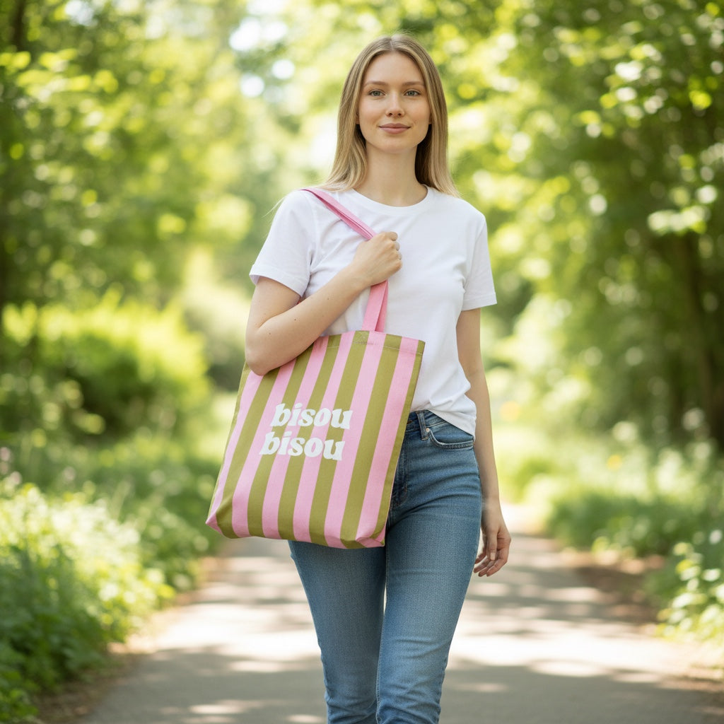 JOYCO Bisou cotton tote bag with pink and olive green stripes, carried by a woman walking on a sunny park path.