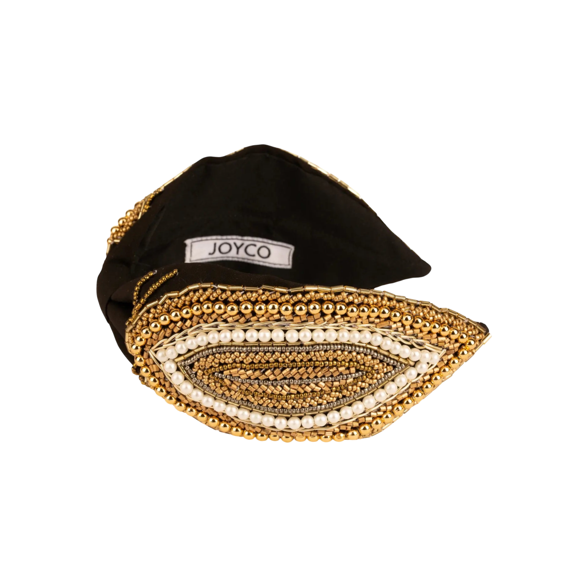 JOYCO black fabric headband with intricate gold bead and pearl embroidery in an eye shape.