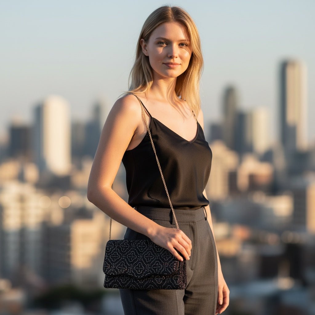 JOYCO Black Orchid embroidered clutch with a chain strap held by a woman against a blurred city skyline at sunset.