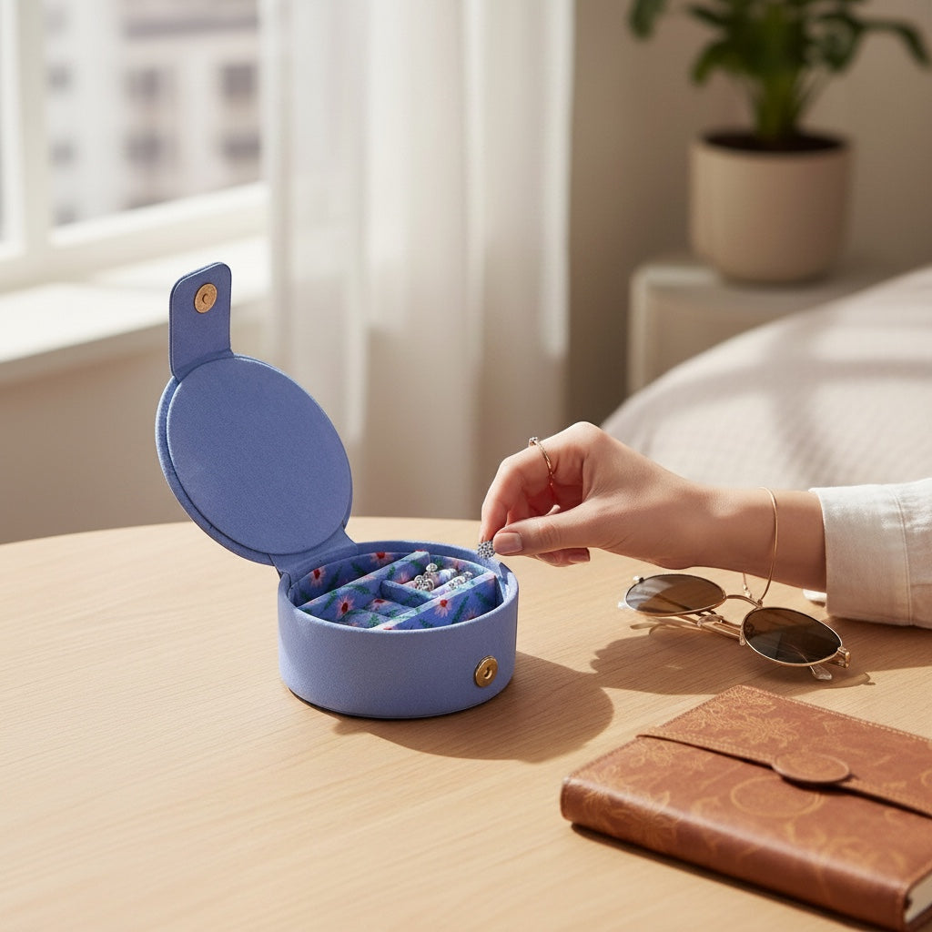 JOYCO round blue cotton linen jewellery box with embroidered eye motif, open on a wooden table with hand placing ring.