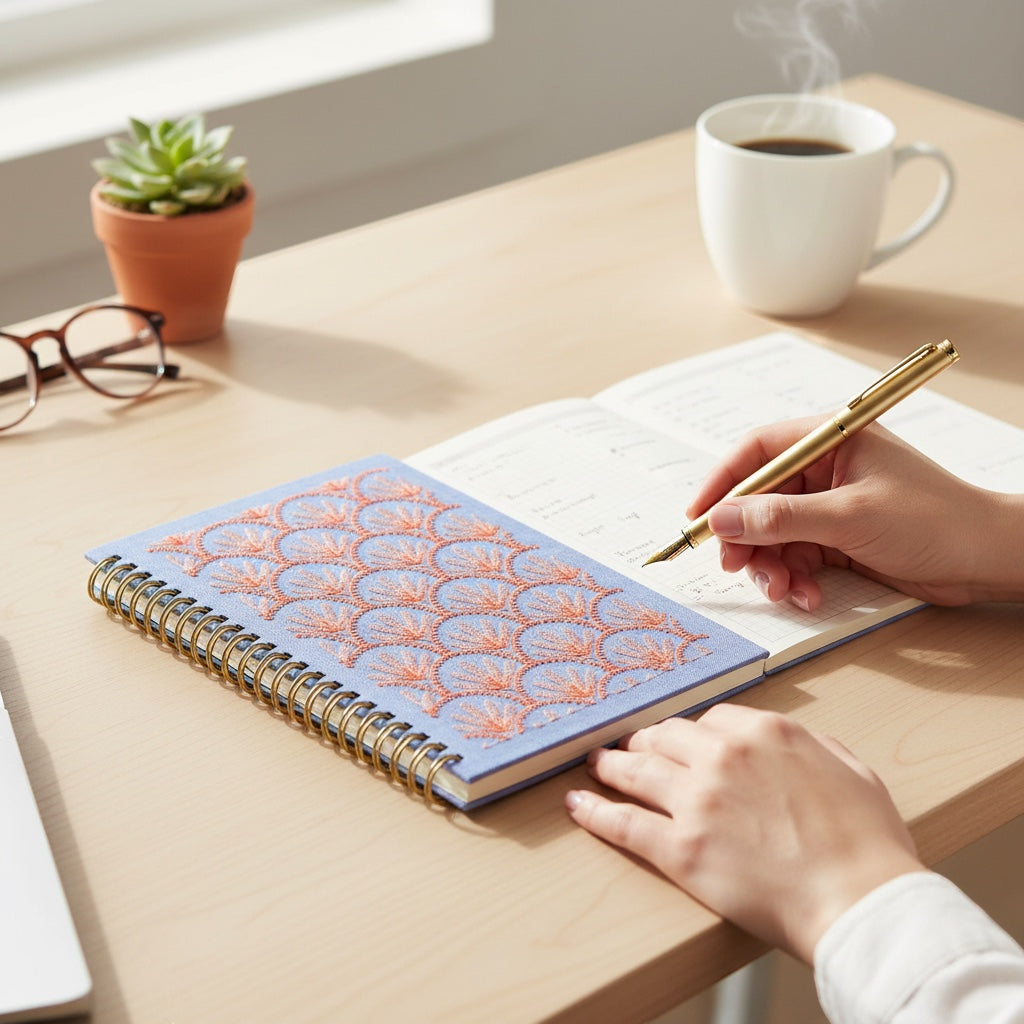 JOYCO A5 spiral notebook with blue linen-cotton cover and orange floral embroidery, being used on a wooden desk.