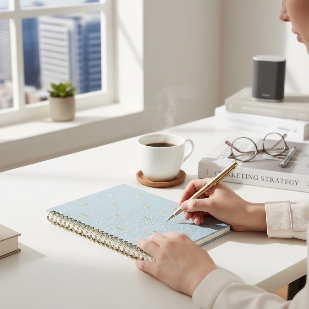 JOYCO A5 notebook with blue linen cover and gold star embroidery, spiral bound, being used on a bright desk.