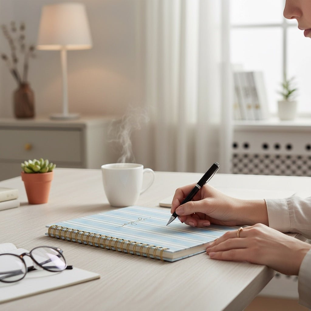 JOYCO blue striped cotton wellness journal with spiral binding being used for writing at a desk with a steaming mug.