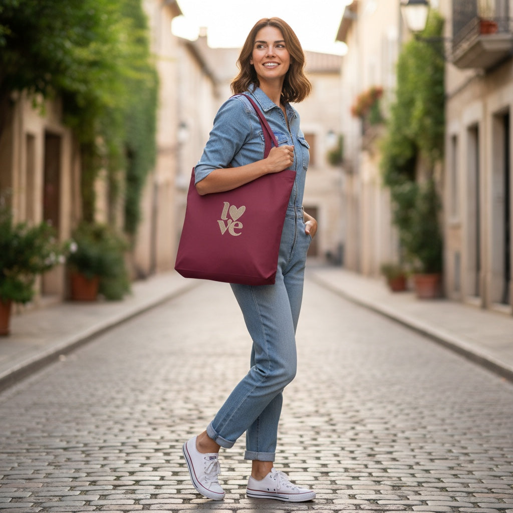 JOYCO burgundy cotton tote bag with love embroidery carried by a woman in a denim jumpsuit on a cobblestone street