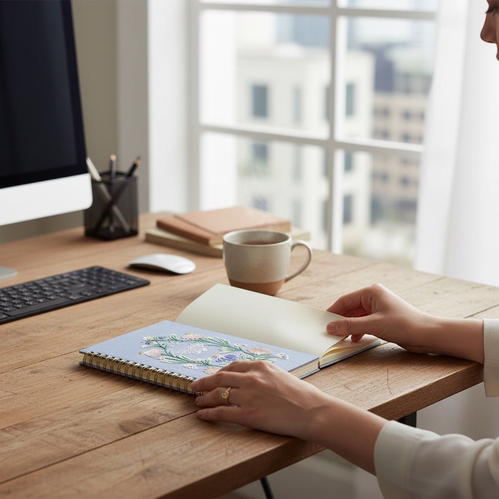 JOYCO A5 notebook with butterfly embroidery on a blue linen-cotton cover, open on a wooden desk with a coffee mug.