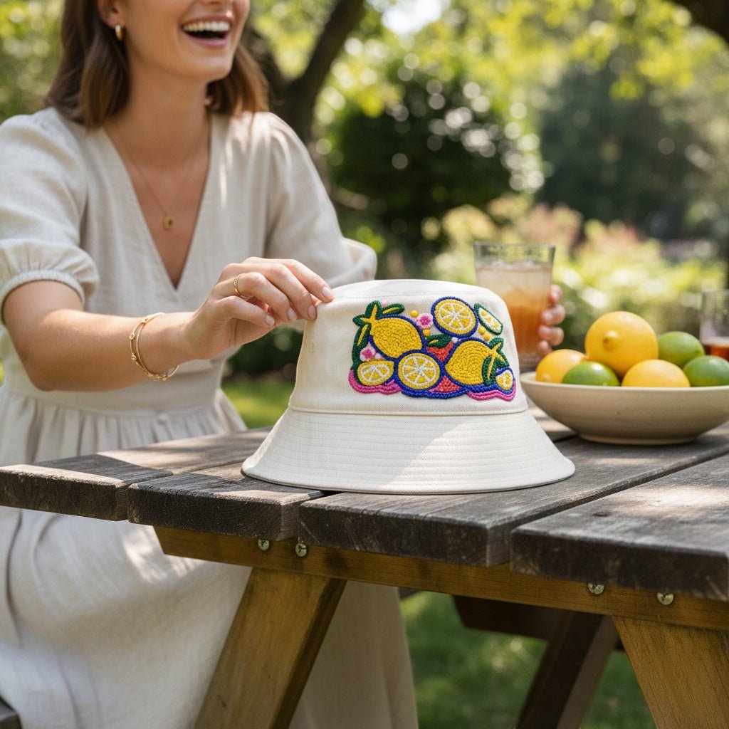 JOYCO Capri Lemon Embroidered Hat in white cotton, featuring vibrant yellow and green lemon fruit embroidery.