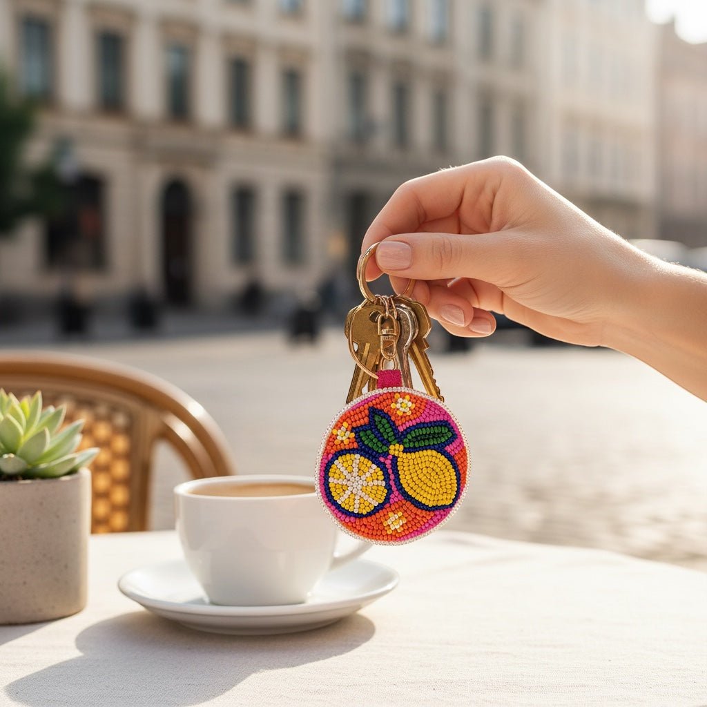 JOYCO Capri lemon embroidered keychain with vibrant beaded fruit design held in a hand at an outdoor cafe table.