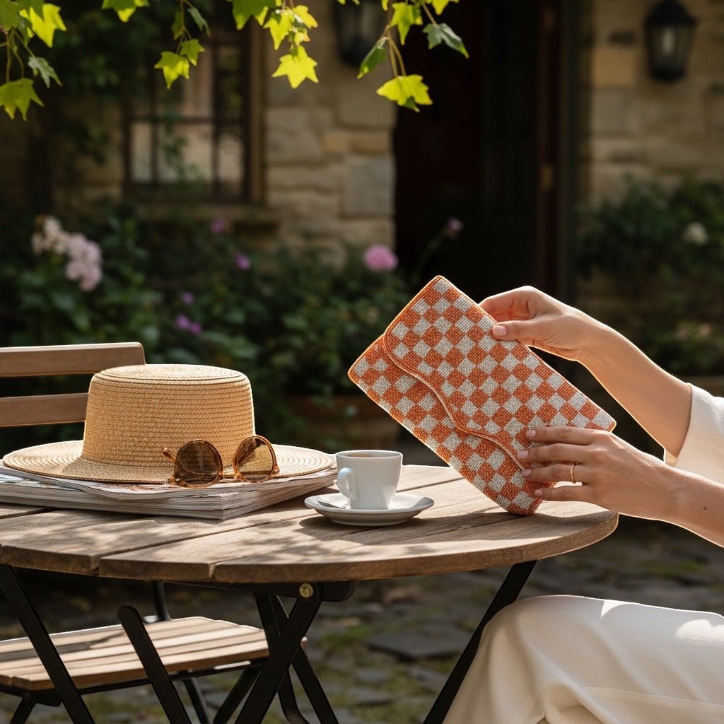 JOYCO Clementine clutch with orange and beige checkered embroidery held by a woman at an outdoor cafe table.