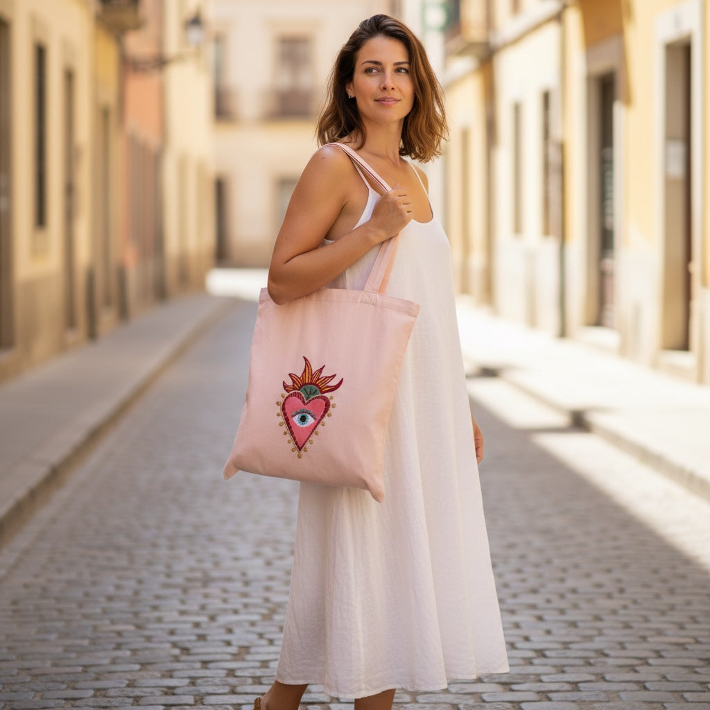 JOYCO Corazon embroidery tote bag in light pink cotton with heart design, carried by a woman in a white dress.