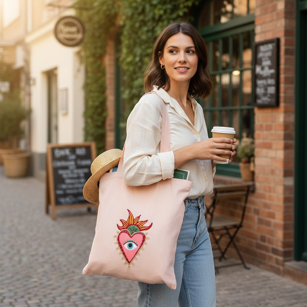 JOYCO Corazon embroidery tote bag in light pink cotton, worn by a woman holding a coffee cup on a city street.