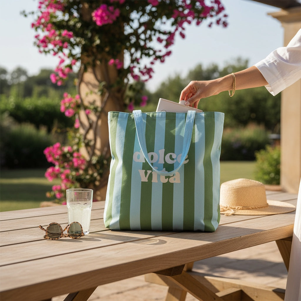 JOYCO Dolce Vita cotton tote bag with green and white stripes, placed on a wooden table in a sunny garden setting.
