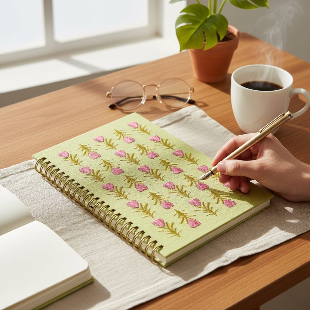 JOYCO A5 spiral notebook with green linen cover, pink heart and floral embroidery, on a desk with coffee and pen.