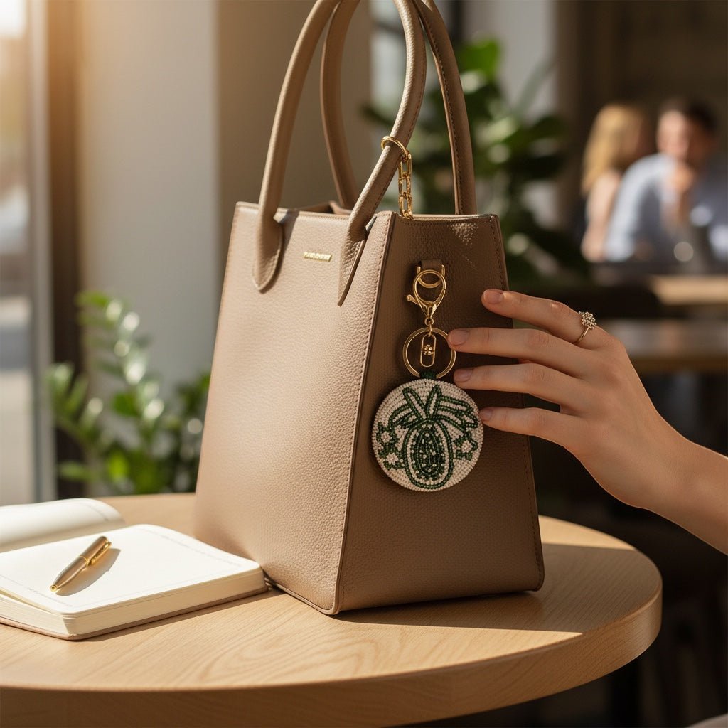 JOYCO emerald green embroidered circular keychain hanging from a beige leather handbag on a cafe table