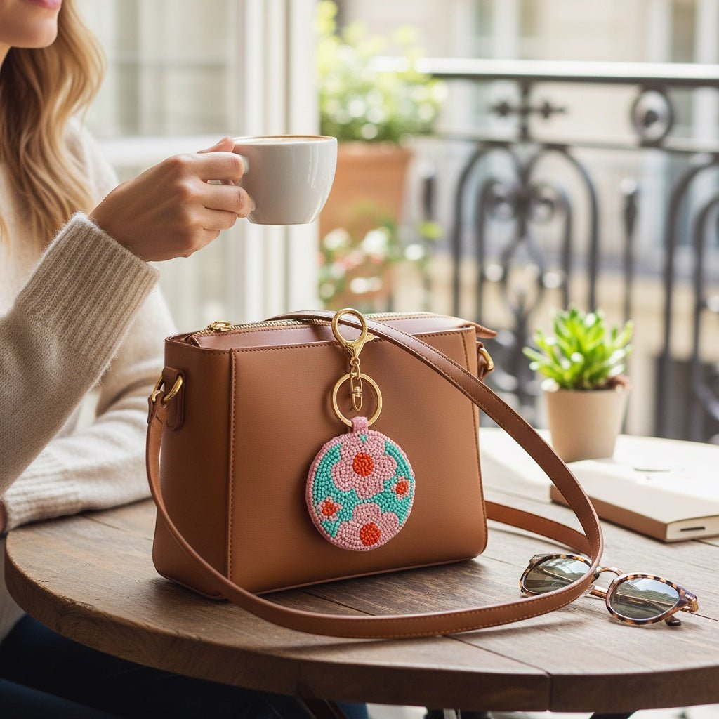 JOYCO Fileur embroidered keychain with pink and teal floral pattern hanging from a brown leather handbag
