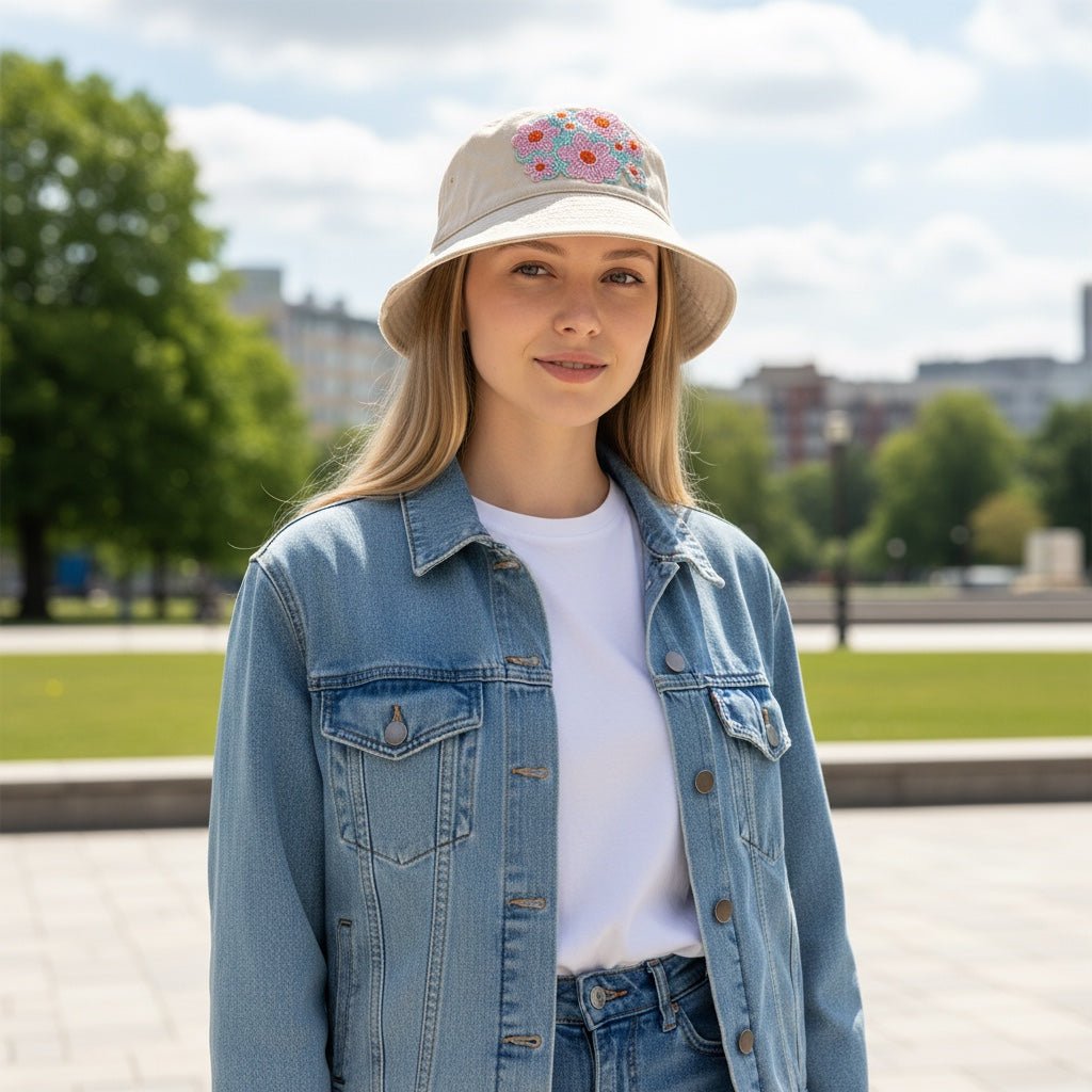 JOYCO Fileur beige bucket hat with colorful floral embroidery worn by a woman in a denim jacket outdoors