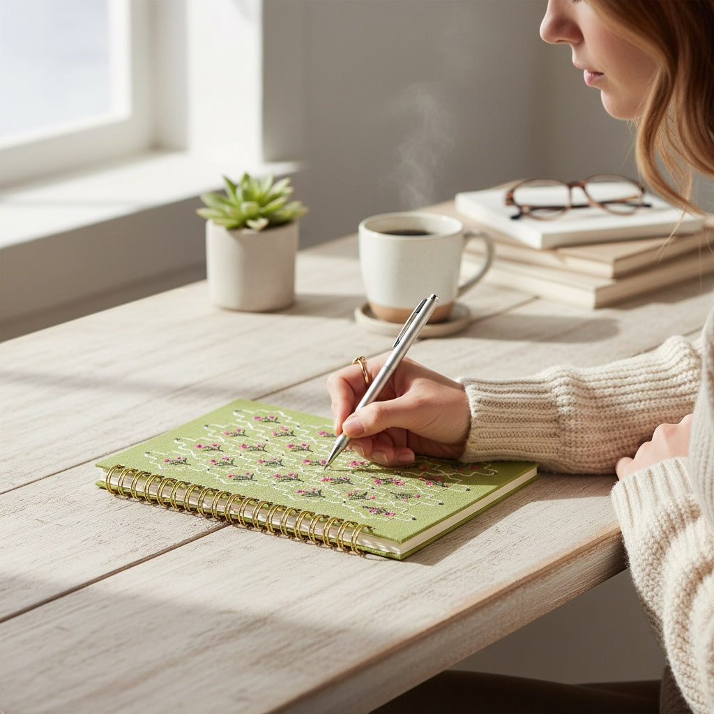JOYCO A5 notebook with green linen-cotton cover and floral embroidery, being used for writing on a wooden desk.