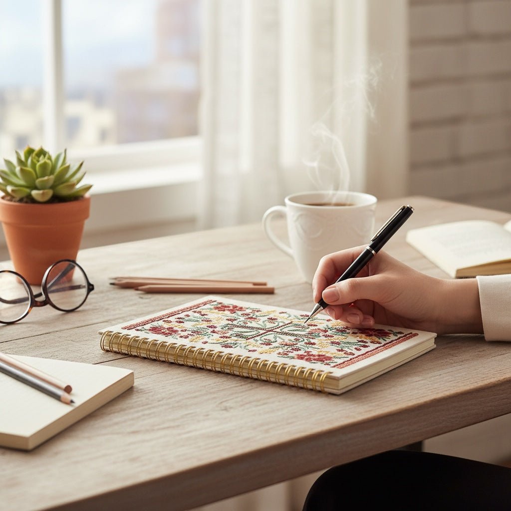 JOYCO A5 spiral journal with floral embroidery on a linen-cotton cover, being used for writing at a wooden desk.