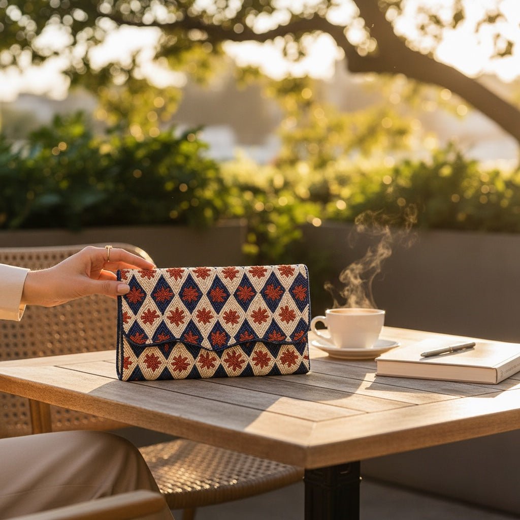 JOYCO Golden Azure embroidered clutch with diamond pattern on a wooden table with coffee and a book at sunset.