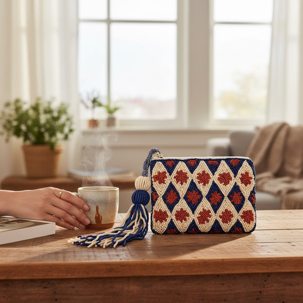 JOYCO Golden Azure embroidered pouch with blue, white, and orange diamond patterns and a decorative tassel on a table