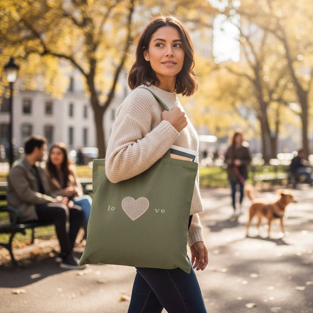 JOYCO green cotton tote bag with embroidered heart design carried by a woman walking in a sunny park.