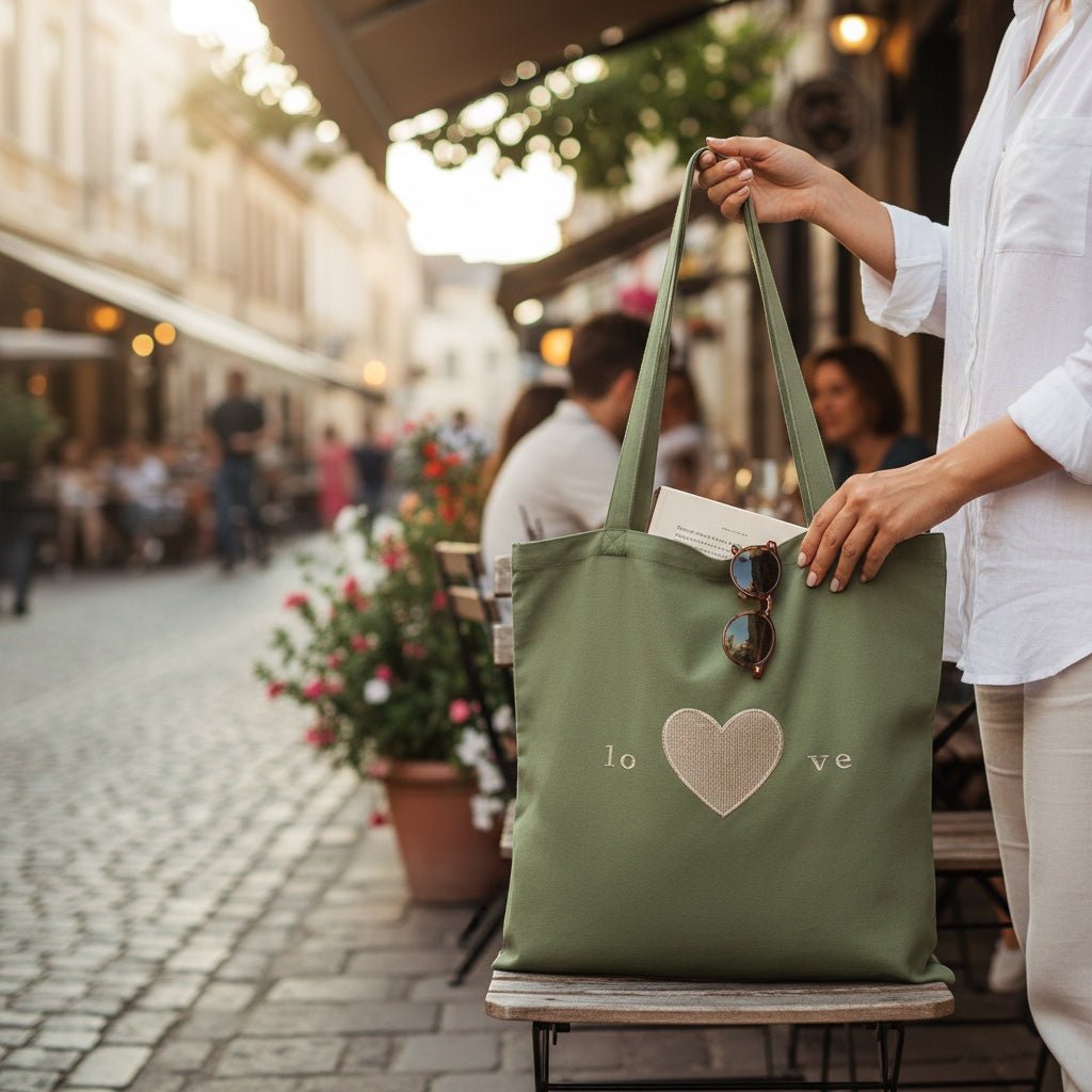 JOYCO green cotton tote bag with embroidered heart detail held by a woman on a sunny European street