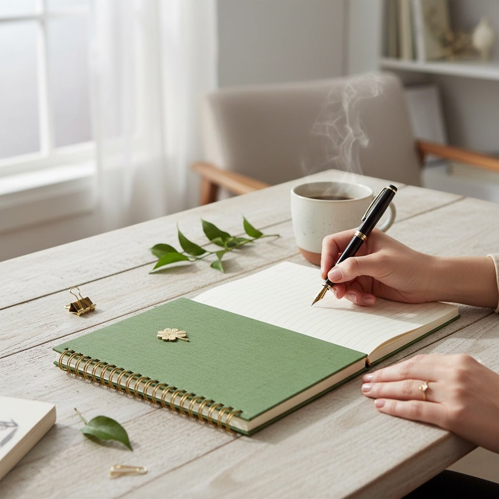 JOYCO Leaf Charm Journal with green cotton linen cover, brass leaf charm, and wire binding on a wooden desk.