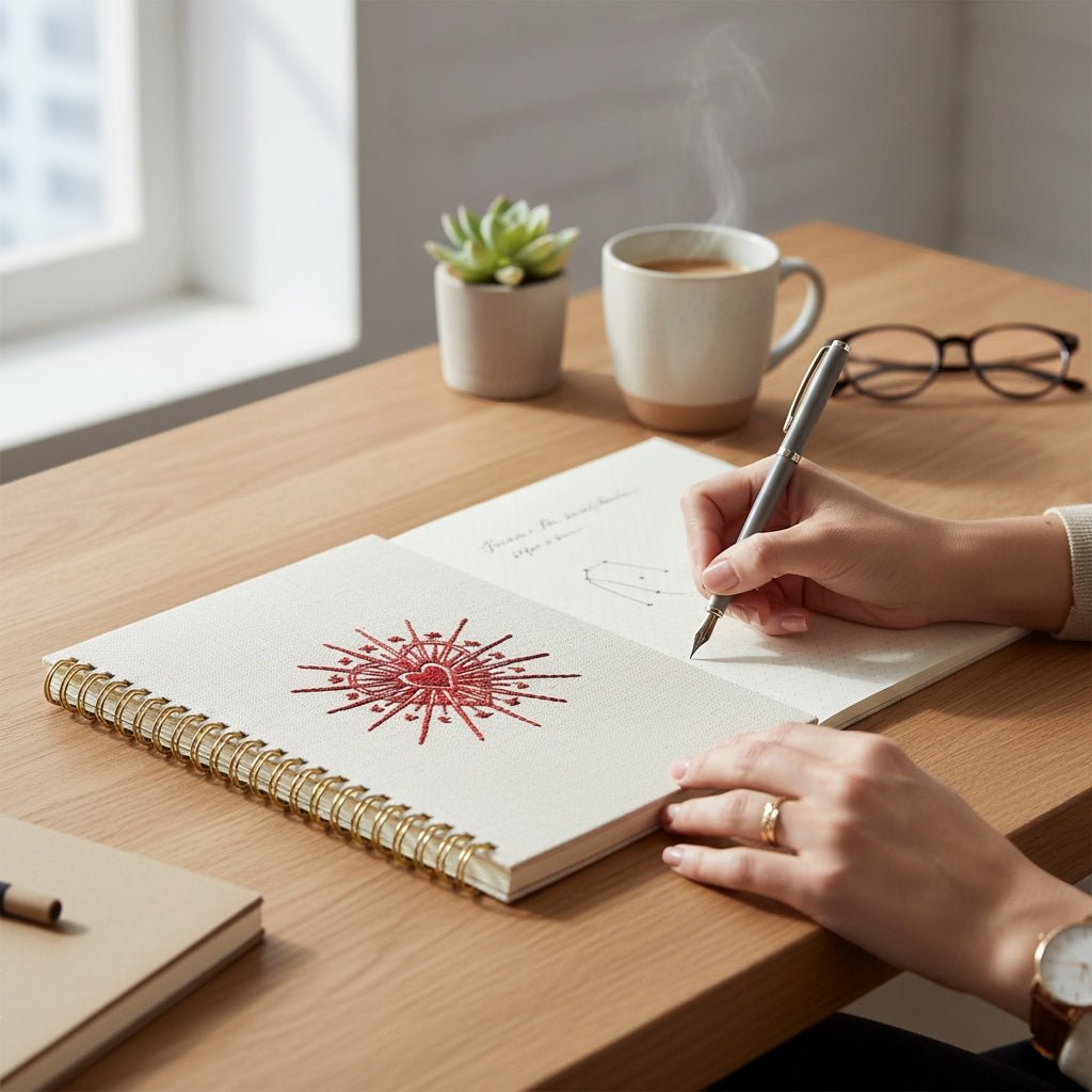 JOYCO A5 spiral notebook with a red embroidered heart motif on a linen-cotton cover, being used on a wooden desk.