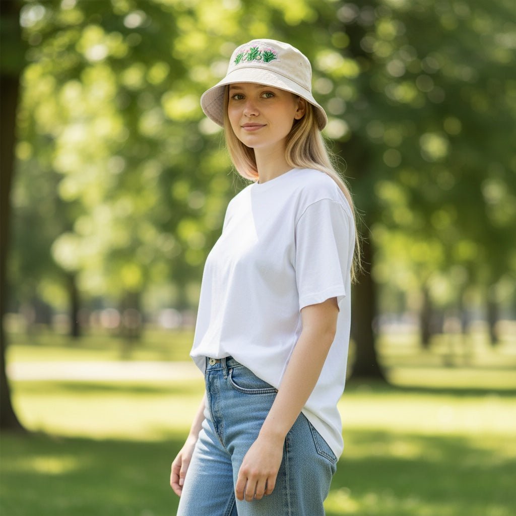 JOYCO Jardin Bloom beige bucket hat with floral embroidery worn by a woman in a park setting.