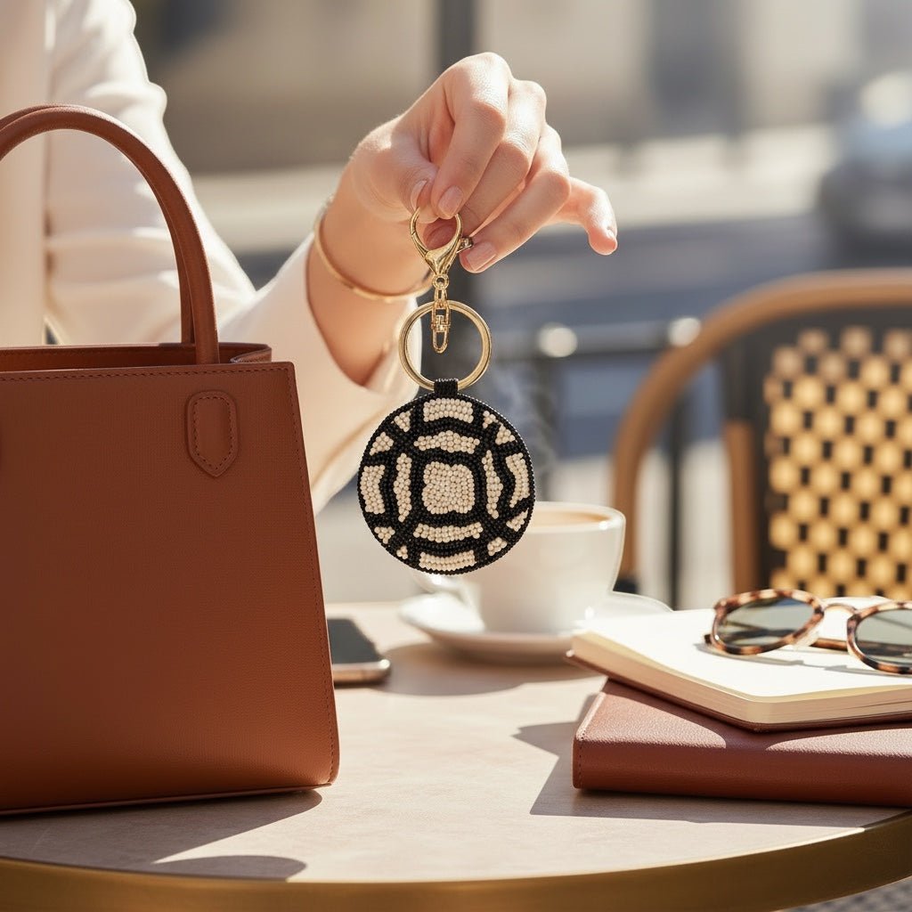 JOYCO Maison Blanc embroidered keychain with a black and white geometric pattern held by a woman at a cafe table.