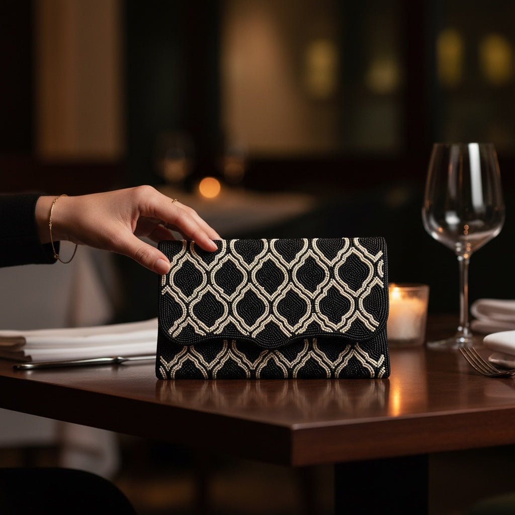 JOYCO Maison Noir embroidered clutch with black and white geometric beadwork on a restaurant table