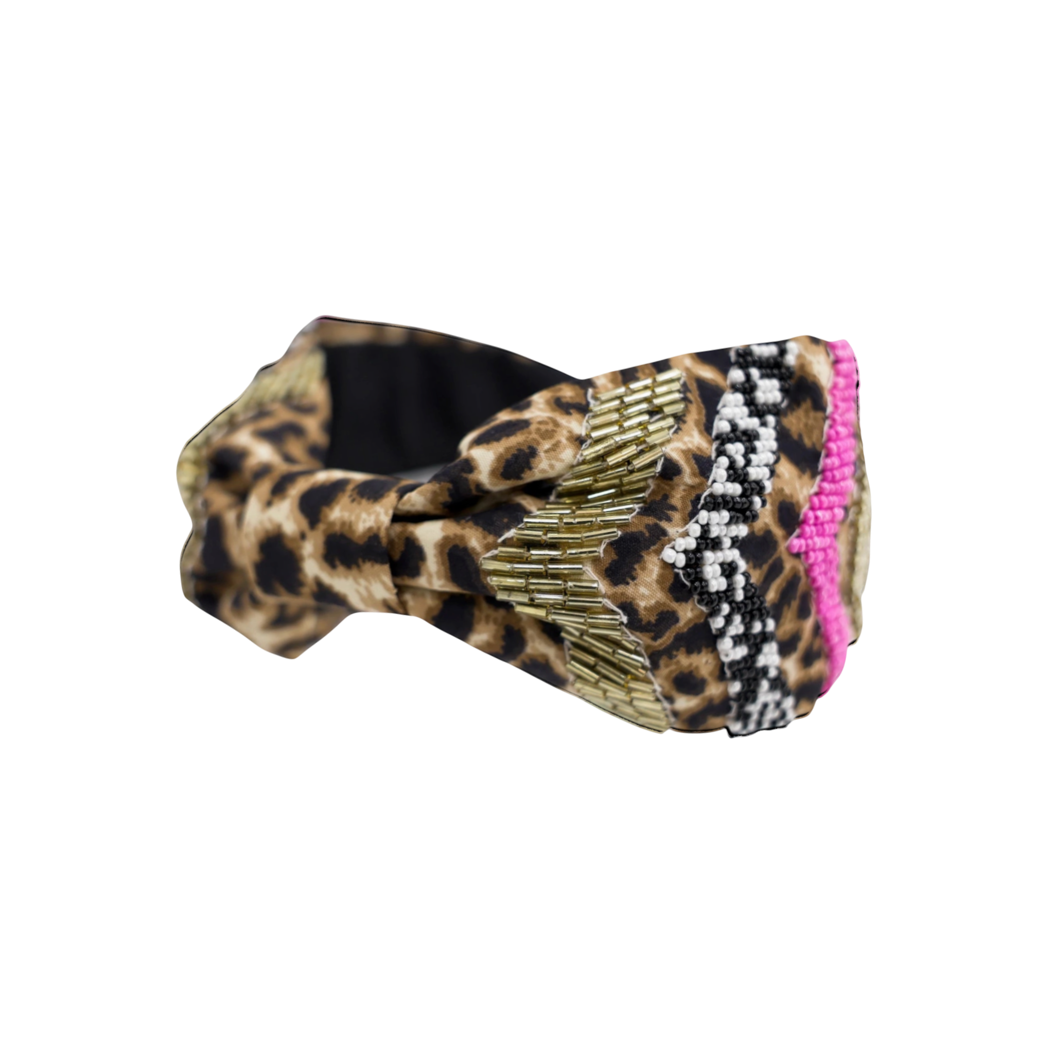 JOYCO Milena leopard print headband with beaded embroidery in gold, black, white, and pink.