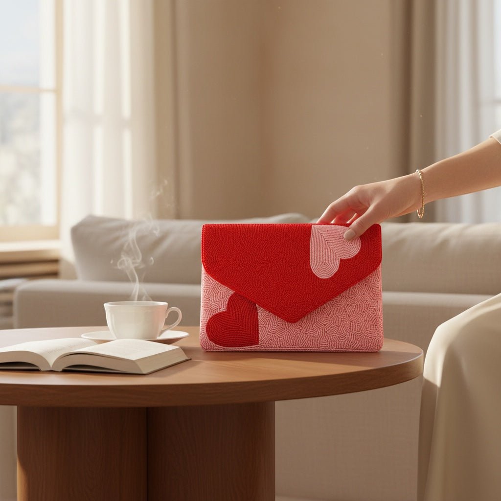 JOYCO Minna embroidered clutch in red and pink with heart patterns, held by a hand on a wooden table.