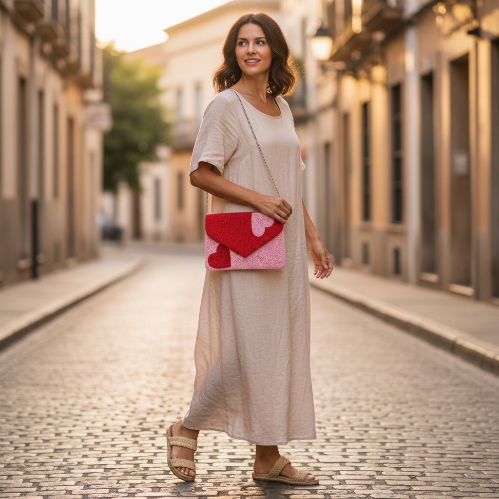 JOYCO Minna embroidered clutch with red heart design worn by a woman in a beige linen dress on a cobblestone street.