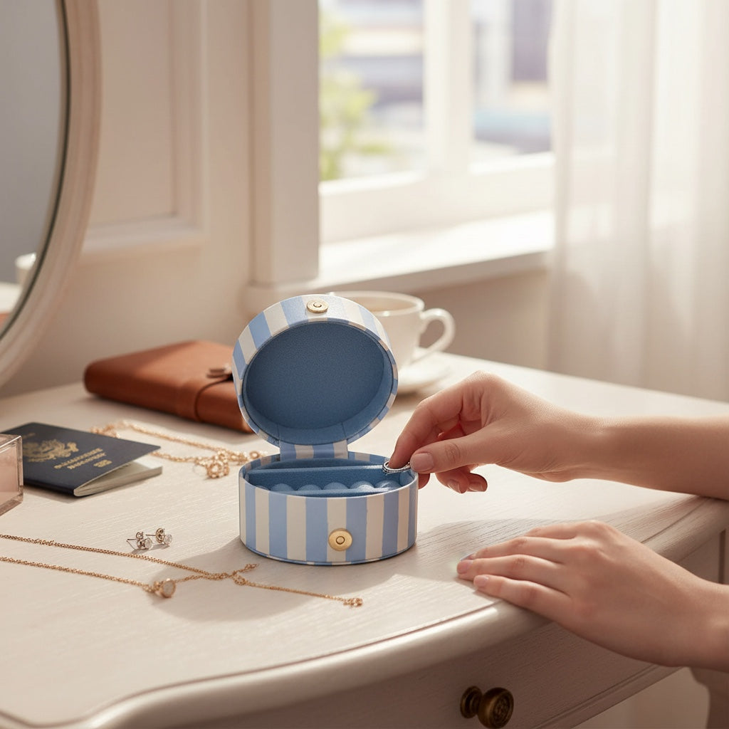 JOYCO Mon Cheri round jewellery box in blue and white stripes, crafted from cotton linen, open on a vanity table.