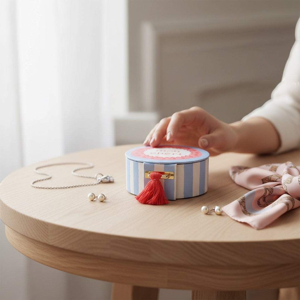 JOYCO Mon Cheri round cotton linen jewellery box with blue stripes and a red tassel on a wooden table.